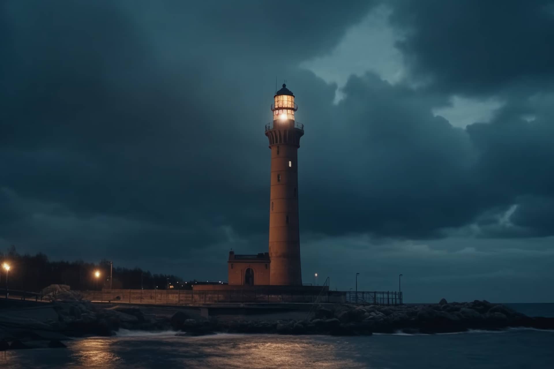 A lighthouse shining in the dark.